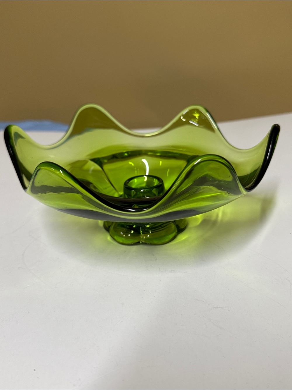 Viking Glass Epic Six Petal candle holder in avocado green 7” diameter